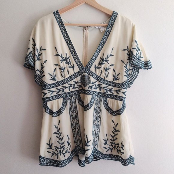 VENUS Tops - Venus Embroidered Blouse 12 Ivory Teal Top